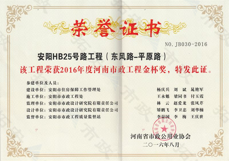 HB25號路(東風路-平原路)工程金杯獎