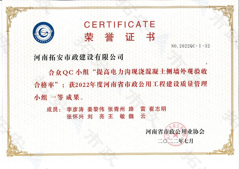 (省級)合眾QC小組提高電力溝現(xiàn)澆混凝土側(cè)墻外觀驗收合格率獲河南省市政公用工程建設(shè)質(zhì)量管理小組一定成果