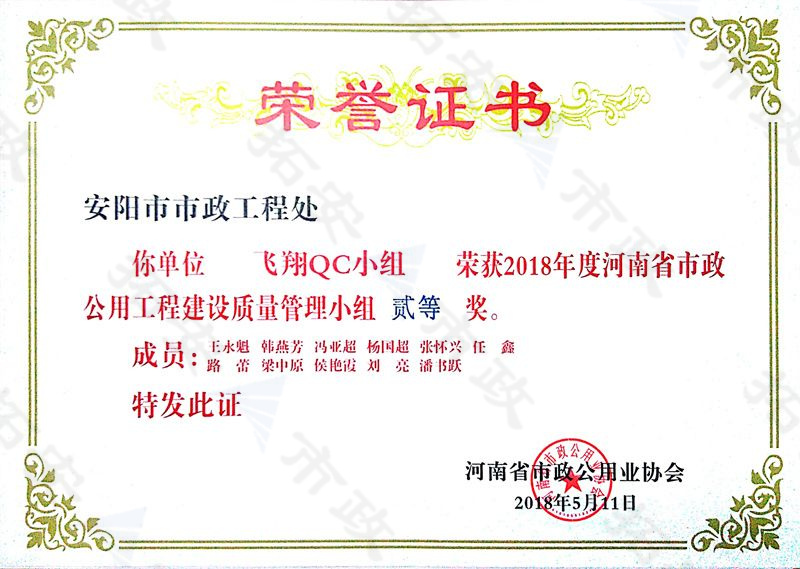 (省級(jí))飛翔QC小組榮獲河南省市政公用工程建設(shè)質(zhì)量管理小組二等獎(jiǎng)